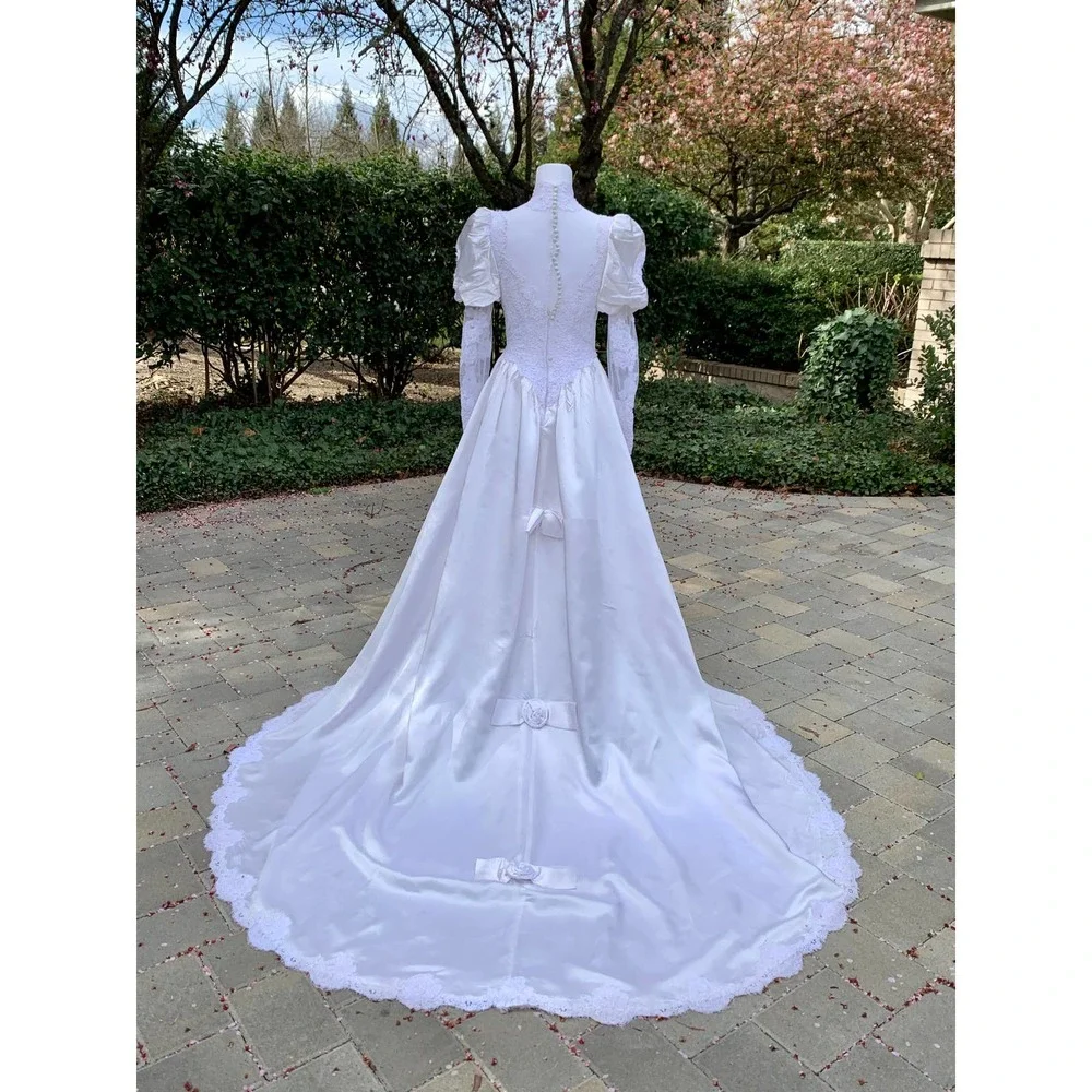 Vintage 80s Poof Sleeve Wedding Dress Victorian Edwardian Cottage Core SZ ~6-8P - Picture 4 of 14